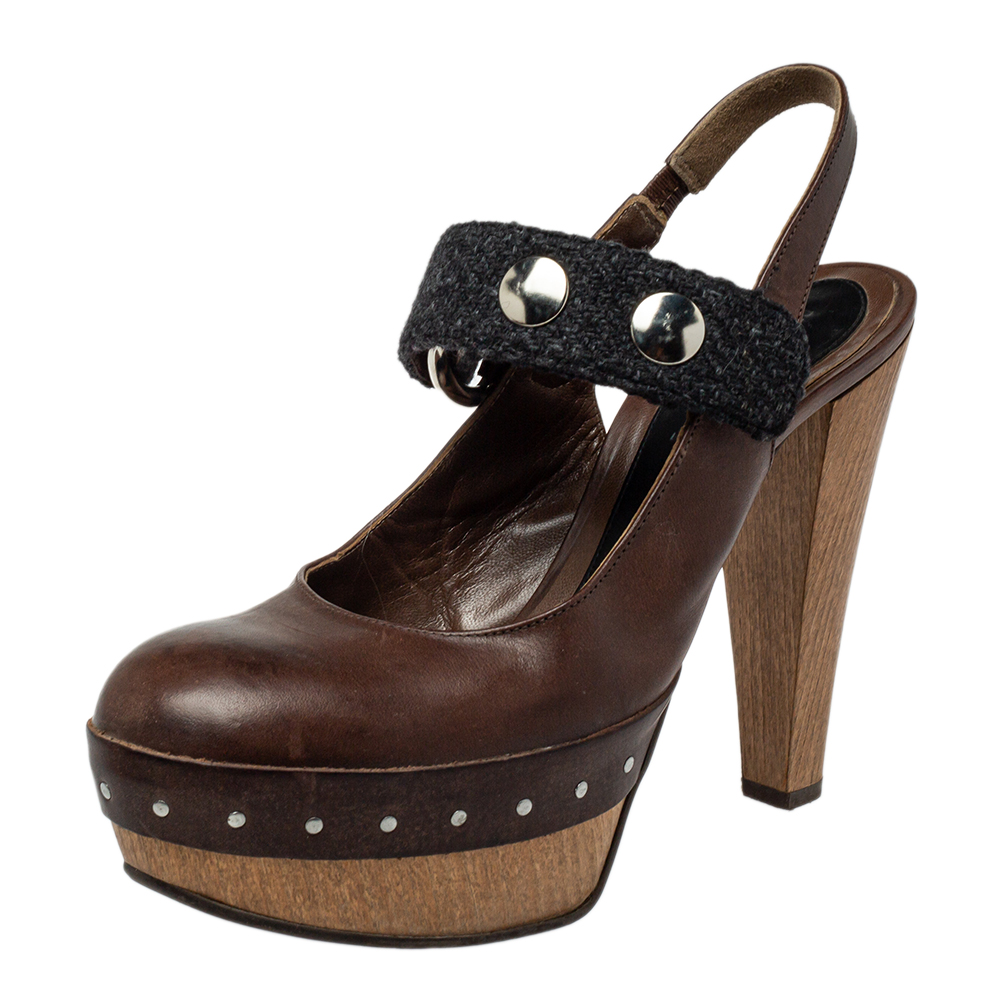 Marni brown/black fabric and leather mary jane buckle strap pumps size 40