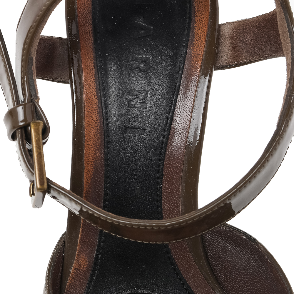 Marni Olive Green Patent Leather Platform Ankle Strap Sandals Size 38