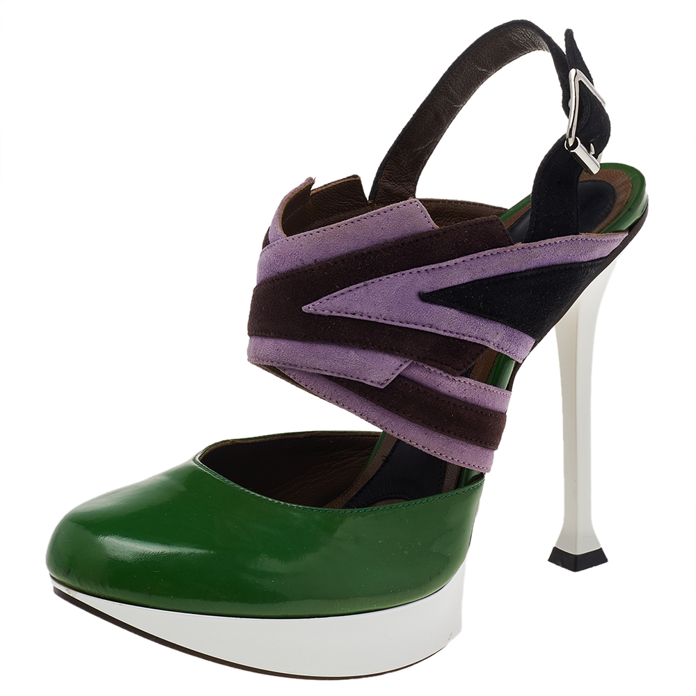 Marni Multicolor Leather And Suede Platform Slingback Sandals Size 38.5