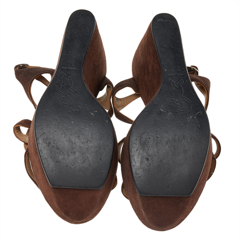 Marni Brown Suede Embellished Wedge Platform Ankle Strap Sandals Size 36