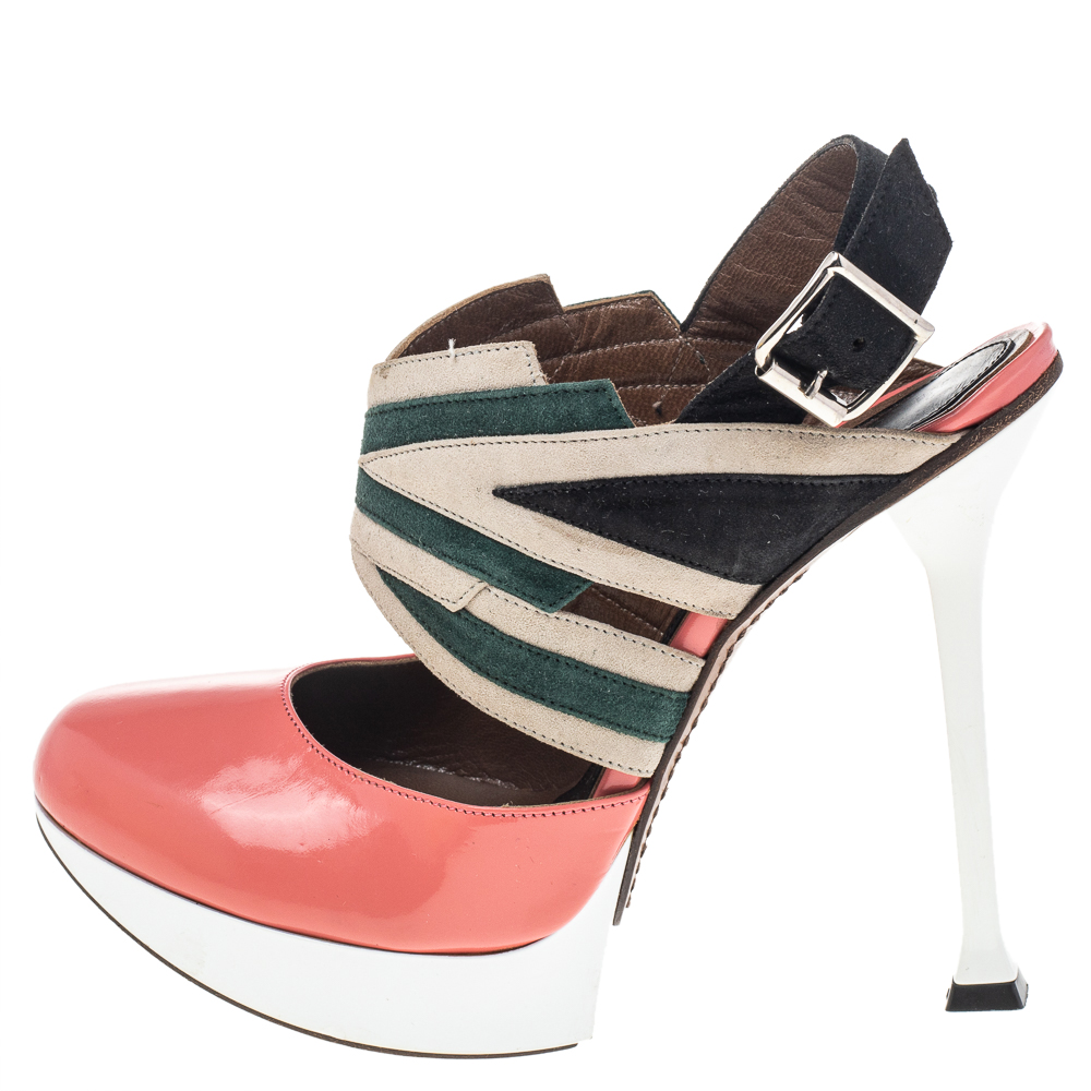 Marni Multicolor Leather And Suede Slingback Platform Sandals Size 37.5