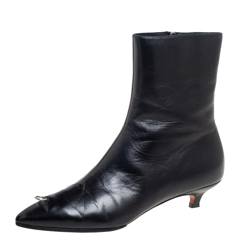 Marni Black Leather Piercing Kitten Heel Ankle Boots Size 38