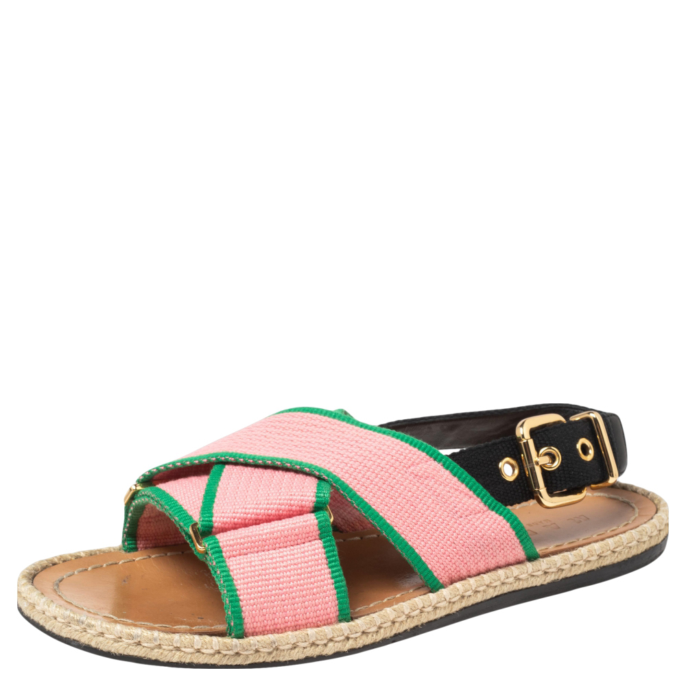 Marni Pink Nylon Cross Strap Slingback Espadrille Flat Sandals Size 38