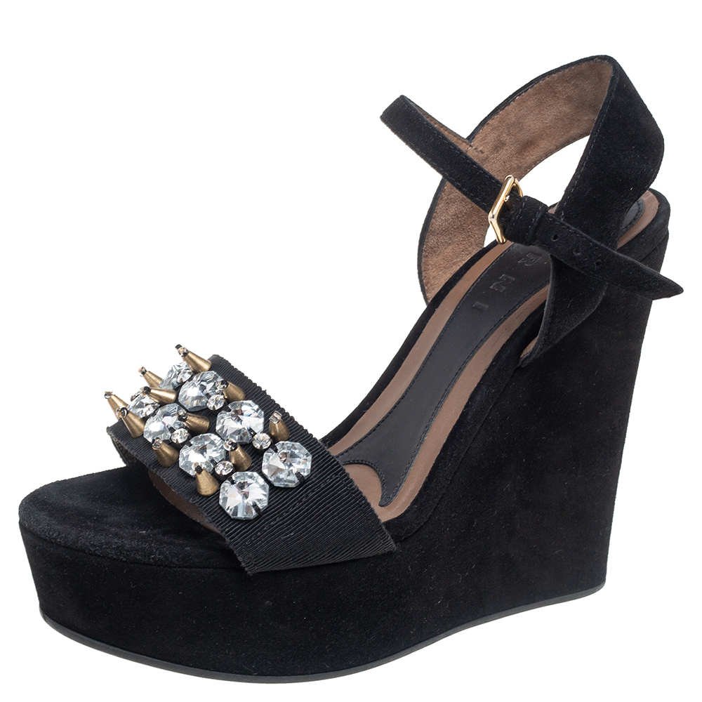 Marni Black Suede and Fabric Embellished Crystals Platform Wedge Sandals Size 37