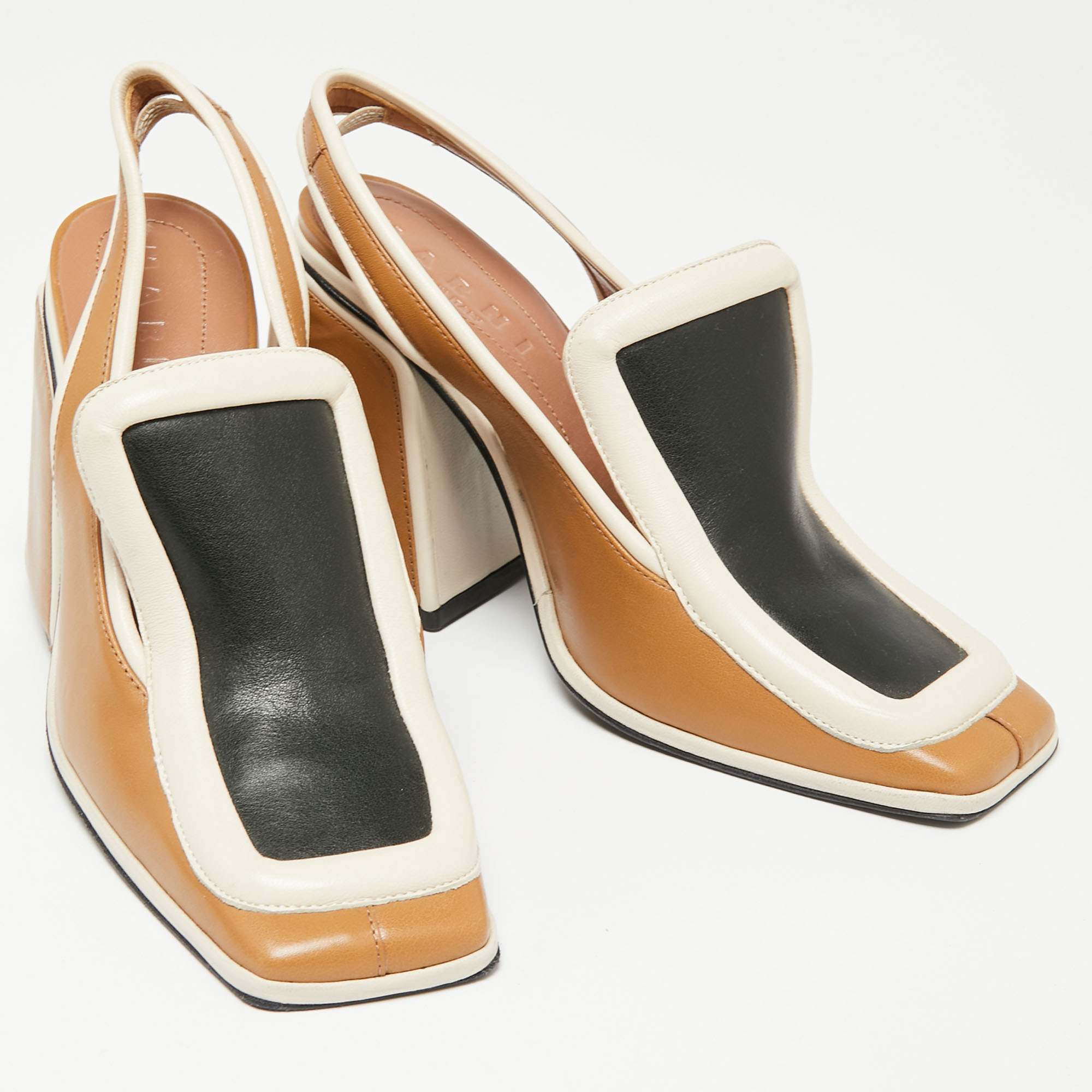 Marni Tri-Color Leather Square Toe Block Heel Slingback Sandals Size 37