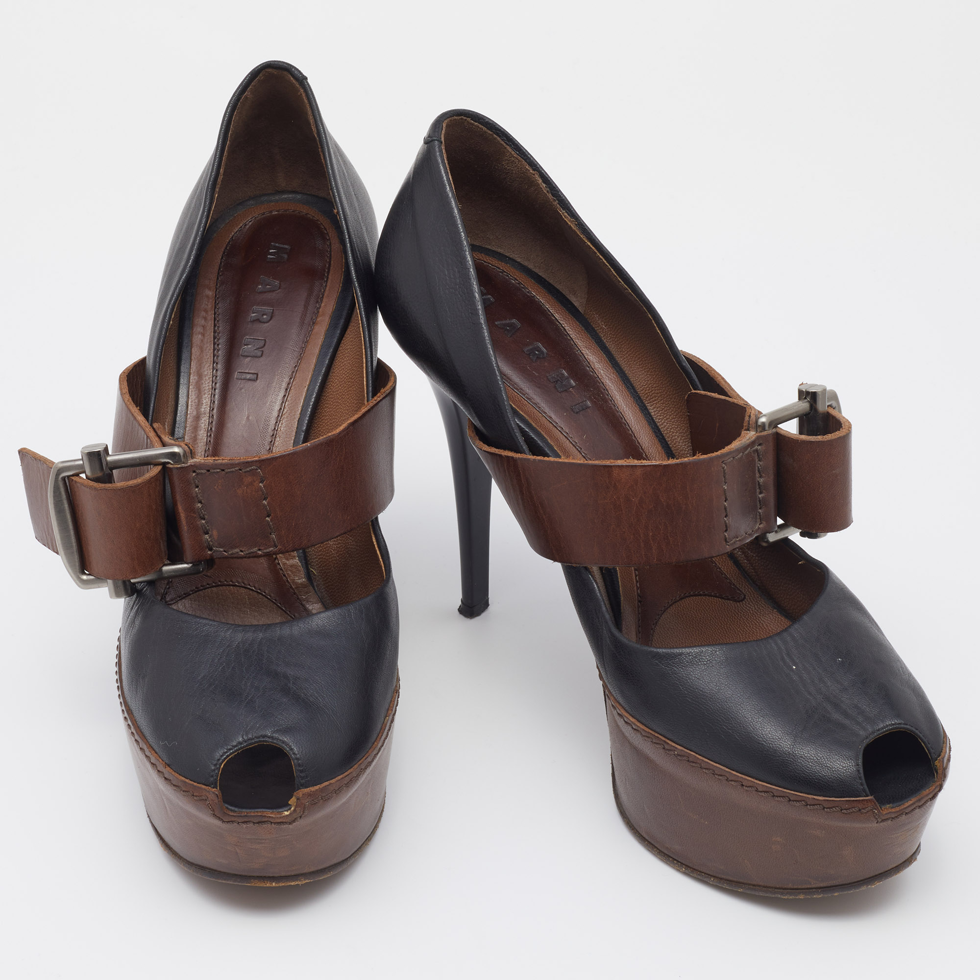 Marni Black/Brown Leather Mary Jane Peep Toe Platform Pumps Size 40