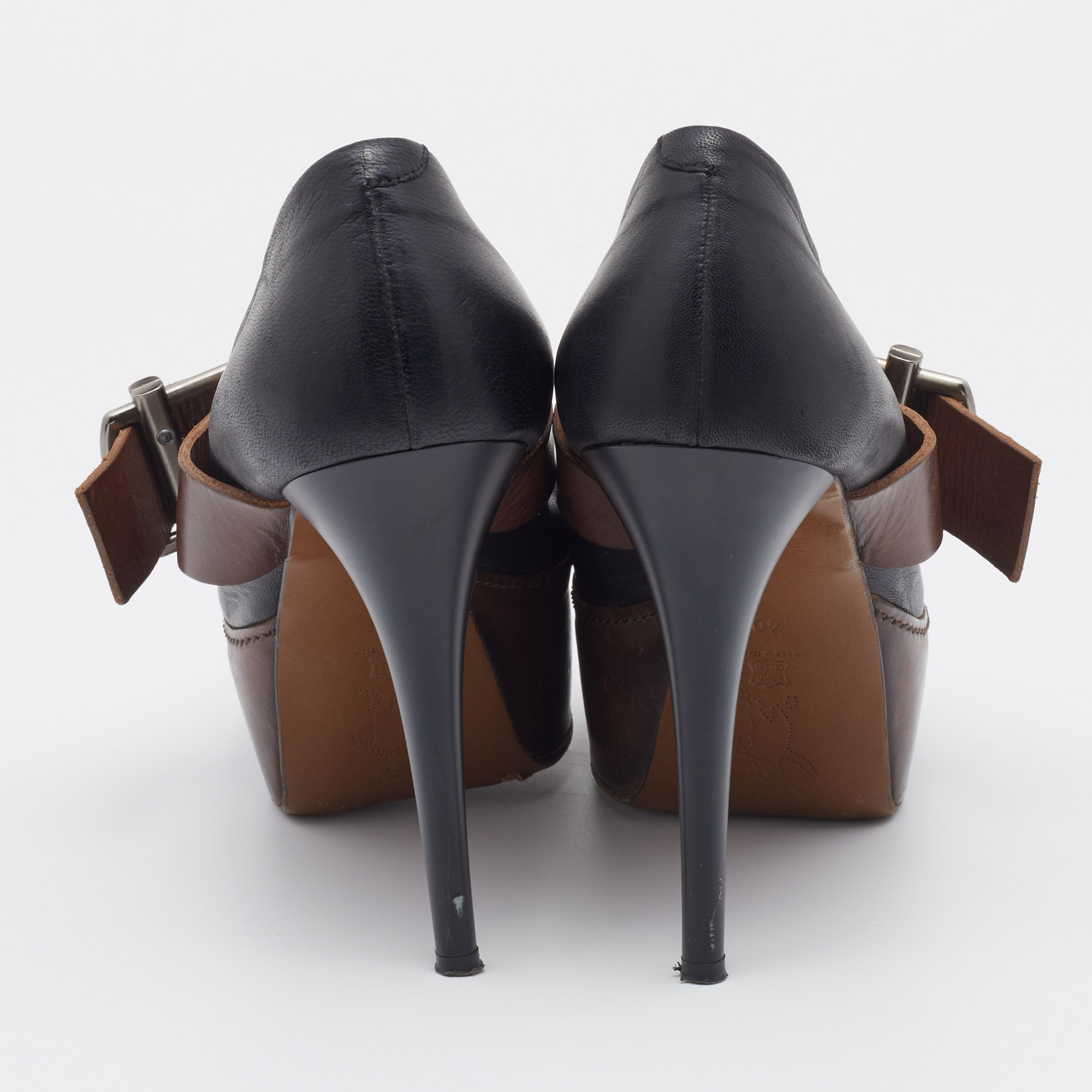 Marni Black/Brown Leather Mary Jane Peep Toe Platform Pumps Size 40
