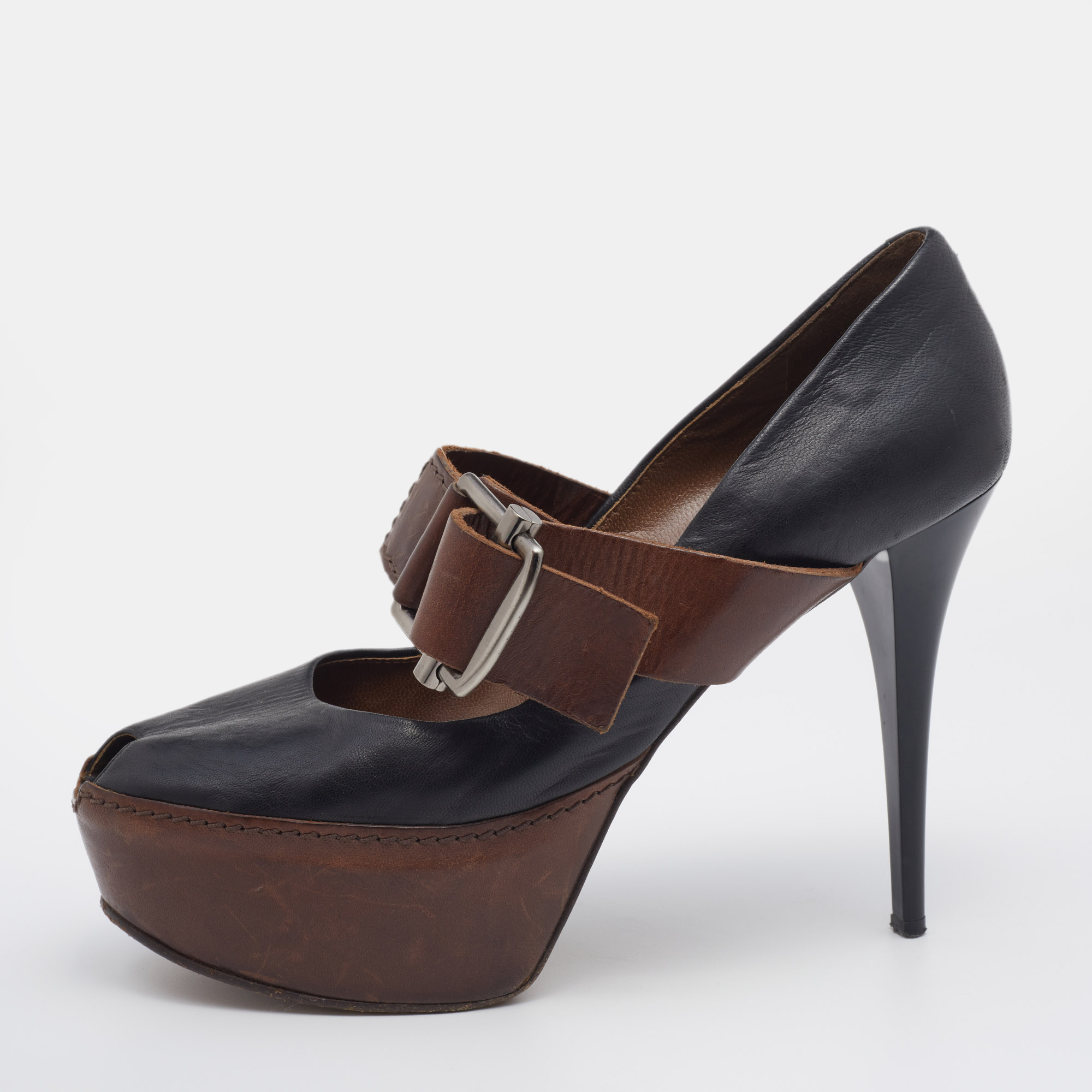 Marni black/brown leather mary jane peep toe platform pumps size 40
