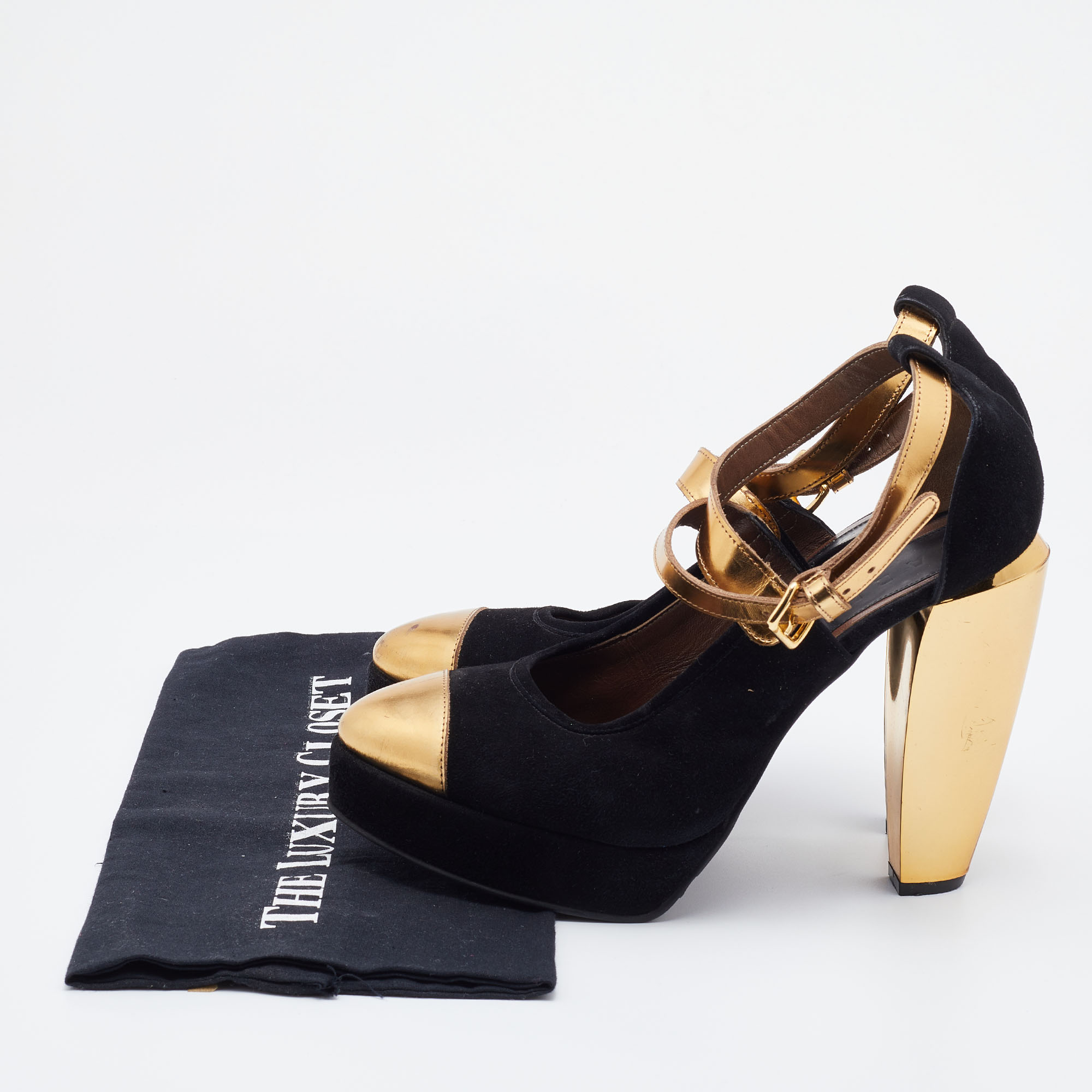 Marni Black/Gold Suede And Leather Platforms Ankle Strap Pumps Size 39