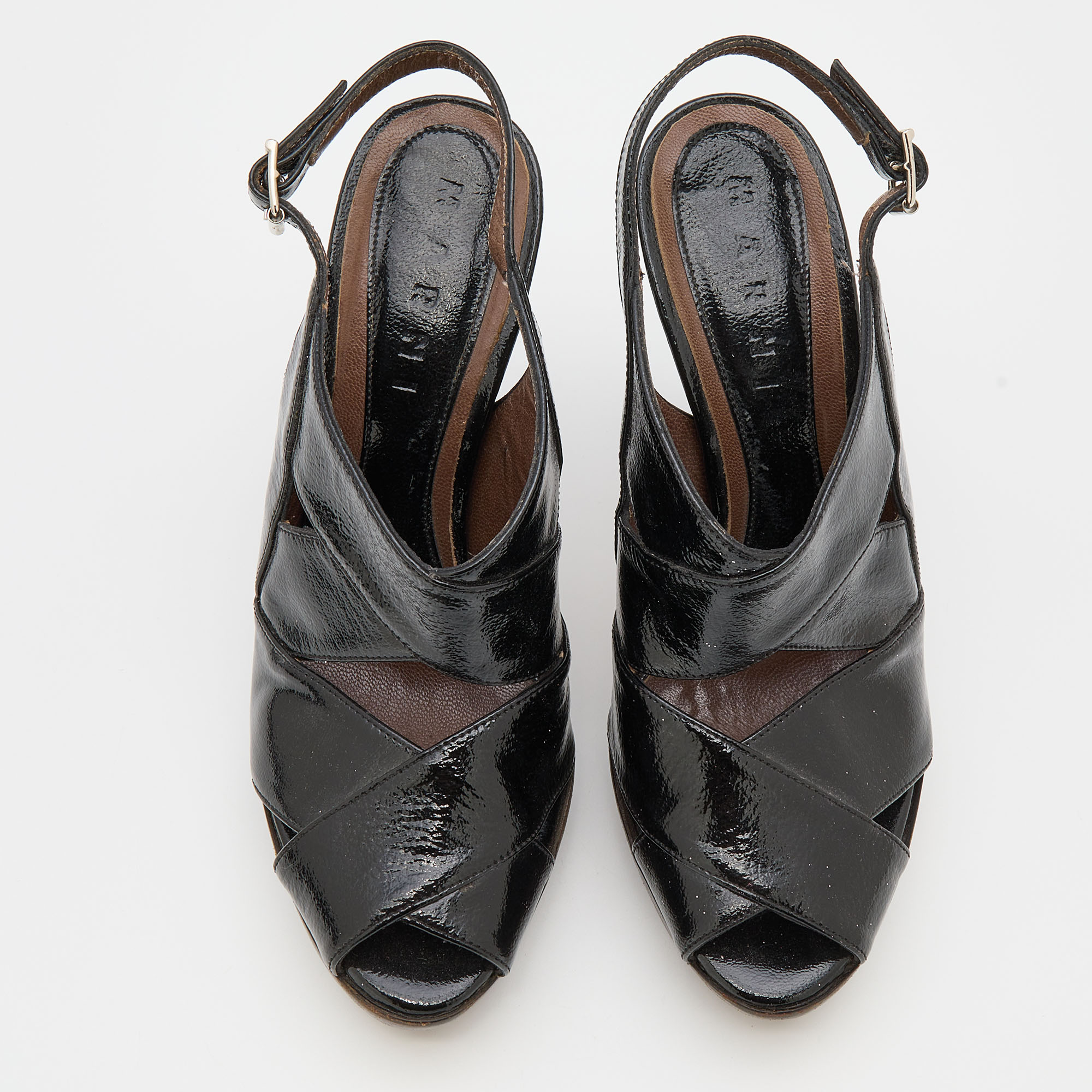 Marni Black Patent Leather Slingback Platform Sandals Size 37.5