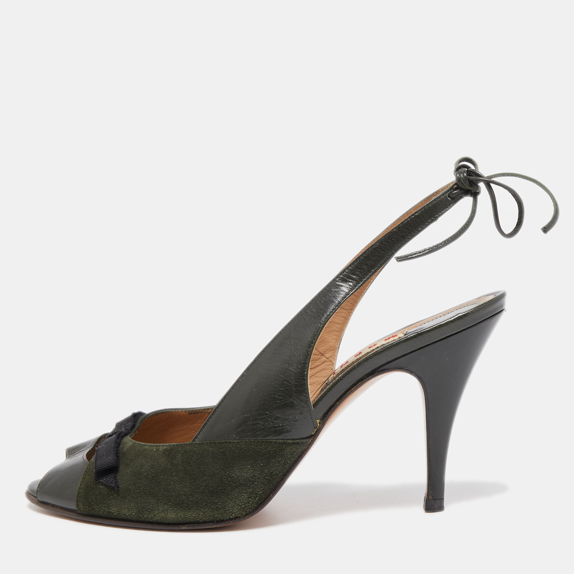 

Marni Dark Green Leather and Suede Peep Toe Tie Knot Slingback Sandals Size
