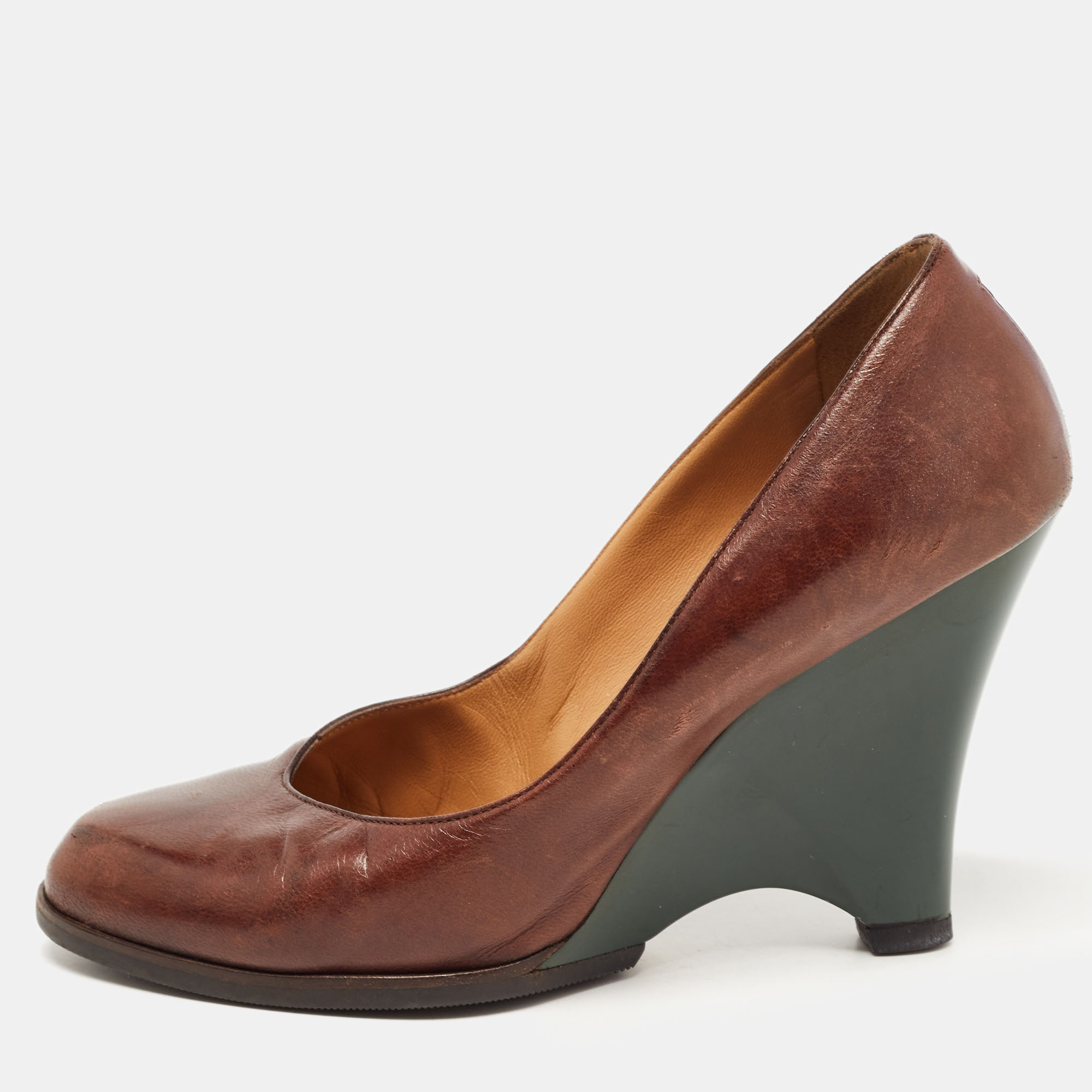 Marni Brown Leather Wedge Pumps Size 37