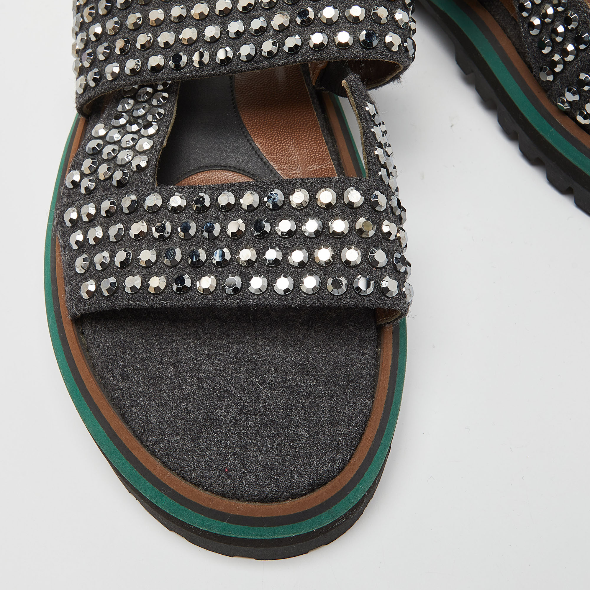 Marni Grey/Brown Leather And Wool Crystals Embellished Flat Sandals Size 40
