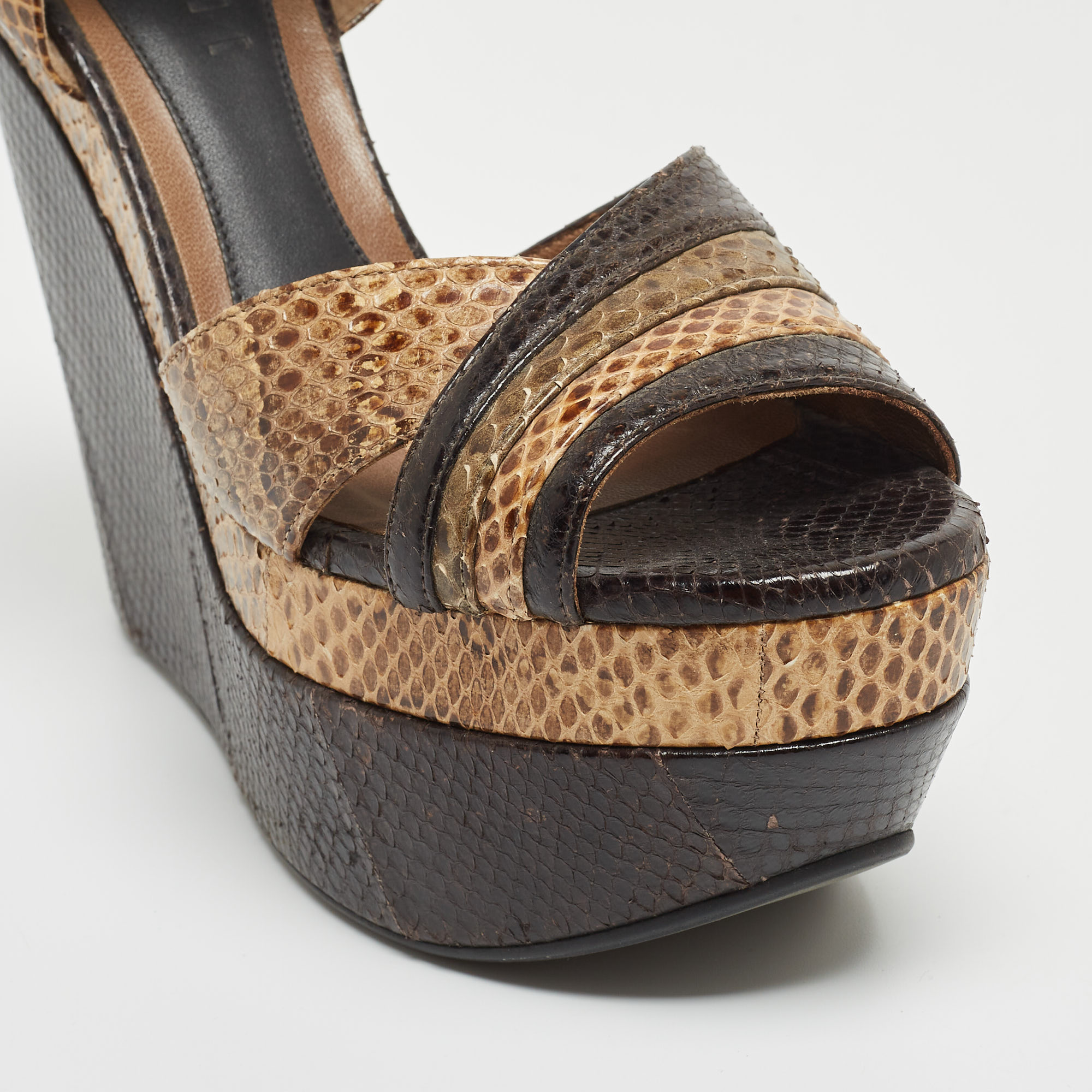 MARNI Brown/Beige Python Wedge Ankle Strap Sandals Size 38