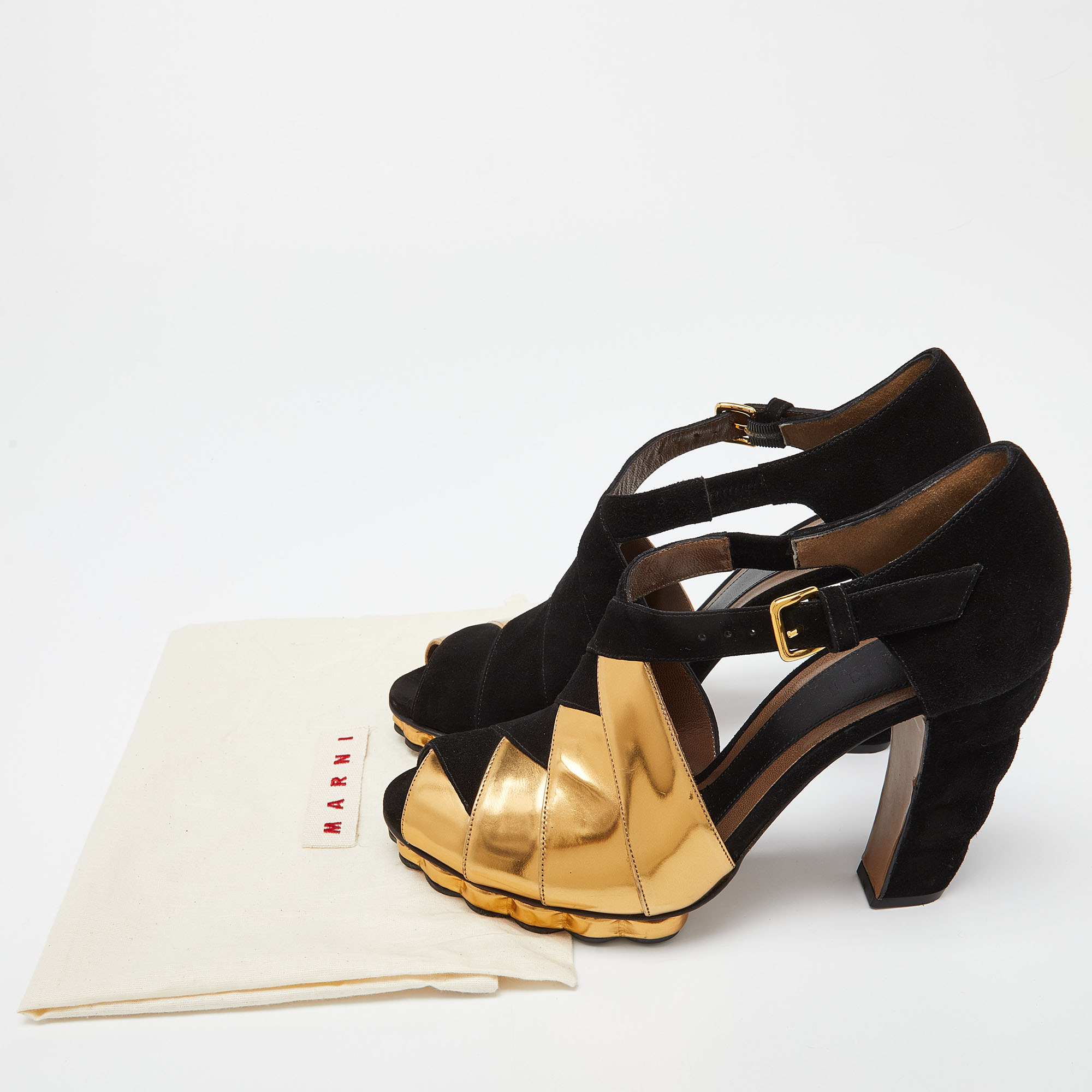Marni Black/Gold Suede And Leather Peep Toe Platform Sandals Size 40.5