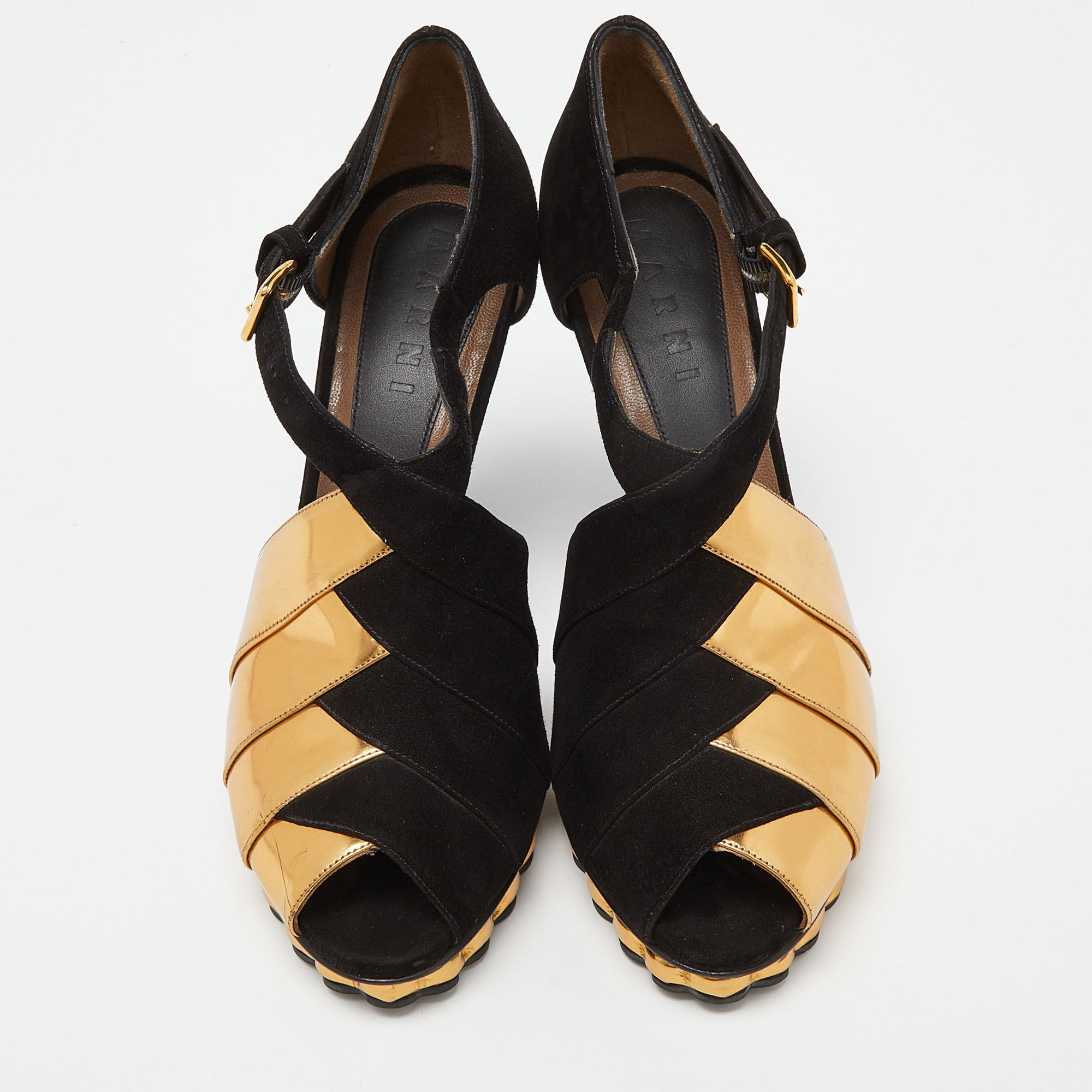 Marni Black/Gold Suede And Leather Peep Toe Platform Sandals Size 40.5
