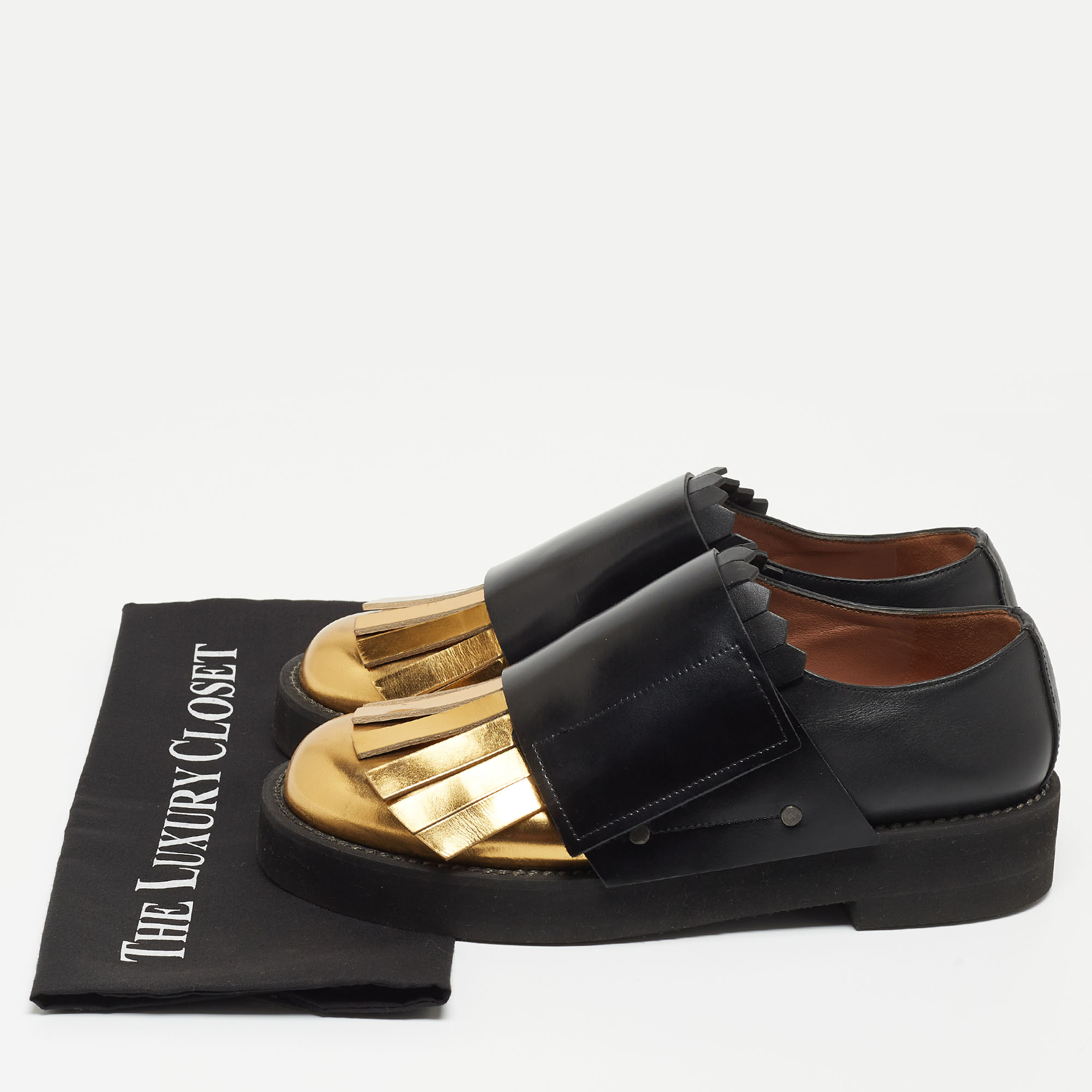 Marni Black/Gold Leather Fringe Detail Slip On Loafers Size 40