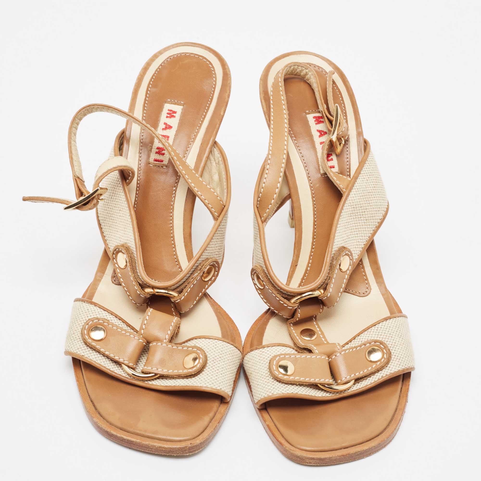Marni Tan/Off-White Canvas And Leather T-Strap Sandals Size 39