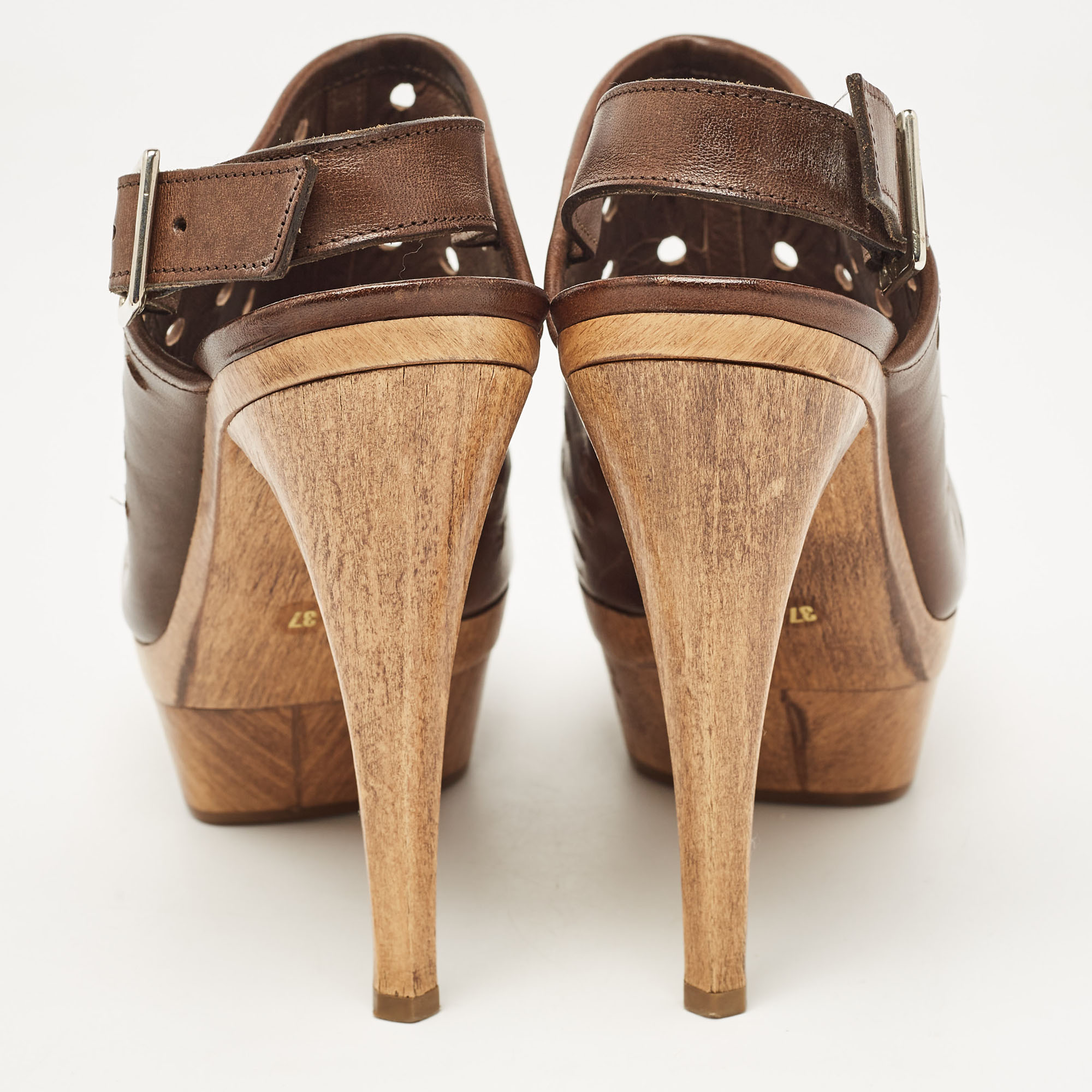 Marni Brown Laser Cut Leather Open Toe Wooden Platform Slingback Sandals Size 37
