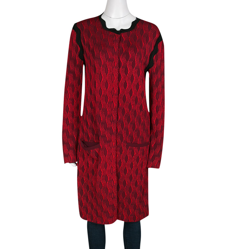 

Mary Katrantzou Red Jacquard Contrast Trim Long Powden Cardigan