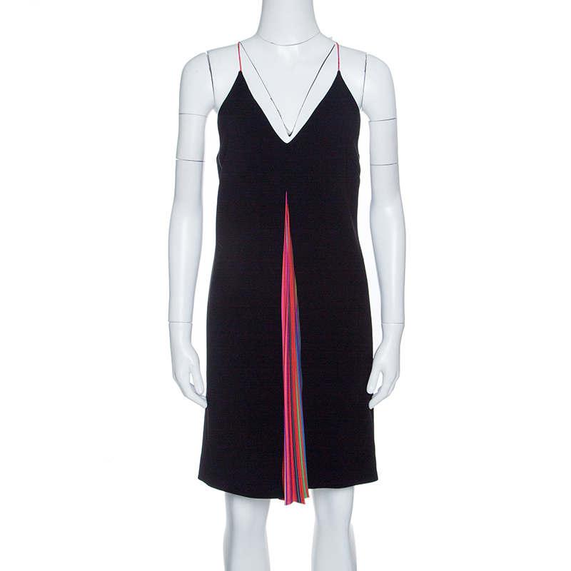 Image of Mary Katrantzou Black Rainbow Pleated Panel Insert Sleeveless Swing Dress S