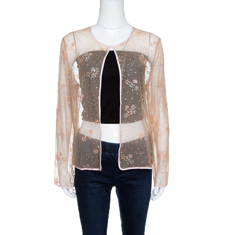 

Mary Katrantzou Beige Floral Glitter Embellished Tulle Jacket