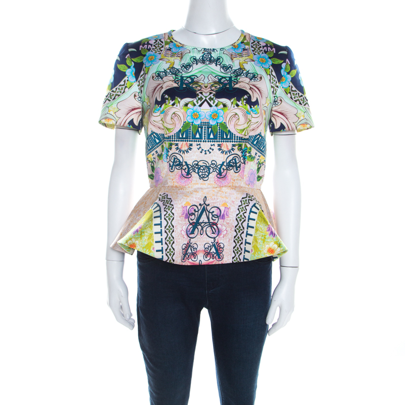 Image of Mary Katrantzou Multicolor Printed Satin Peplum Top M