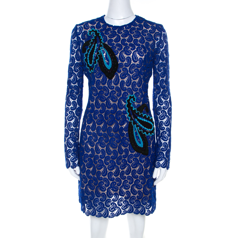 Mary Katrantzou Cobalt Blue Paisley Macrame Lace Overlay Geri Shift Dress M