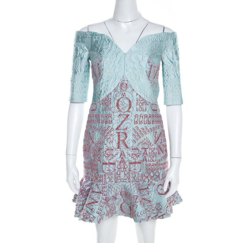 

Mary Katrantzou Mint Blue Jacquard and Glitter De Beau Cocktail Dress