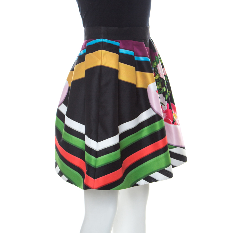 Mary Katrantzou Black Floral & Stripe Print Short Algernon Skirt S