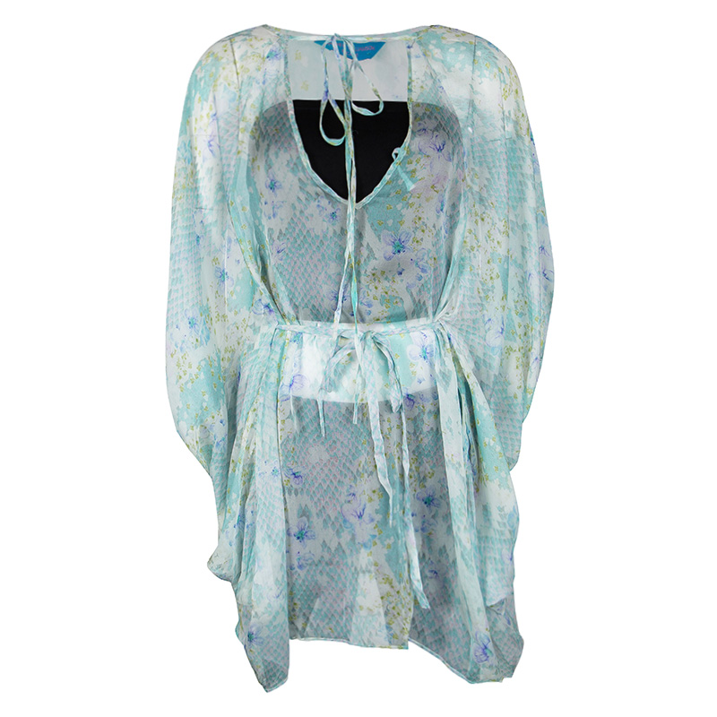 Image of Mathew Williamson Multicolor Blossom Snake Mousseline Cold Shoulder Kaftan Silk Top S