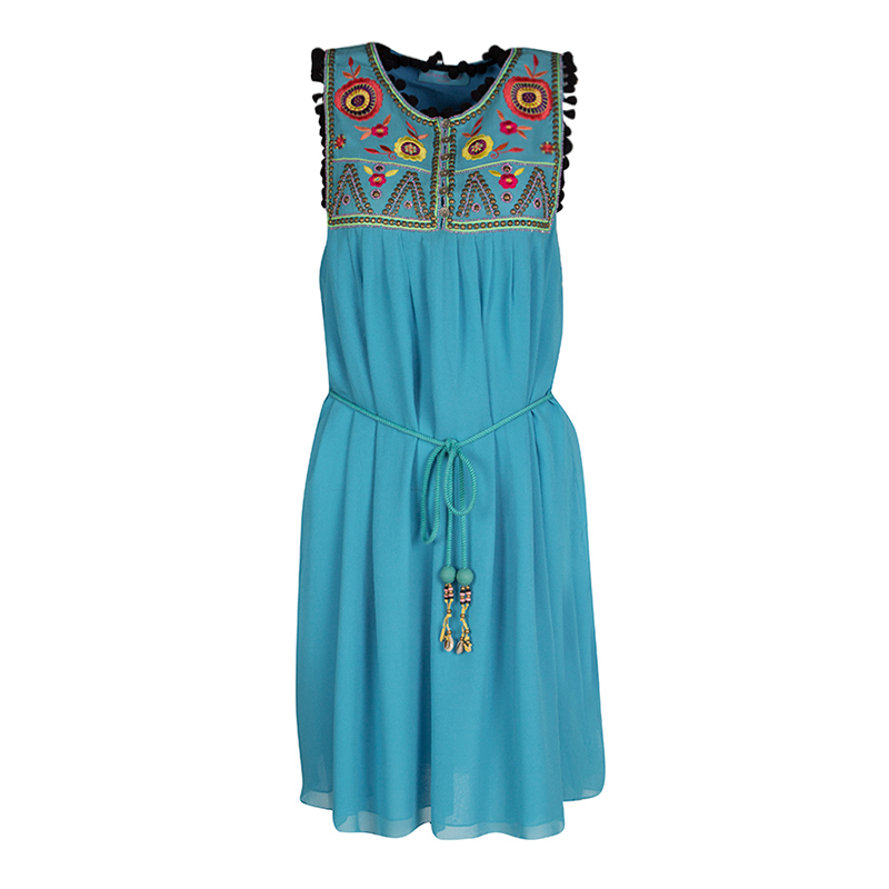 

Matthew Williamson Escape Blue Floral Embroidered Silk Pom Pom Trim Sleeveless Dress