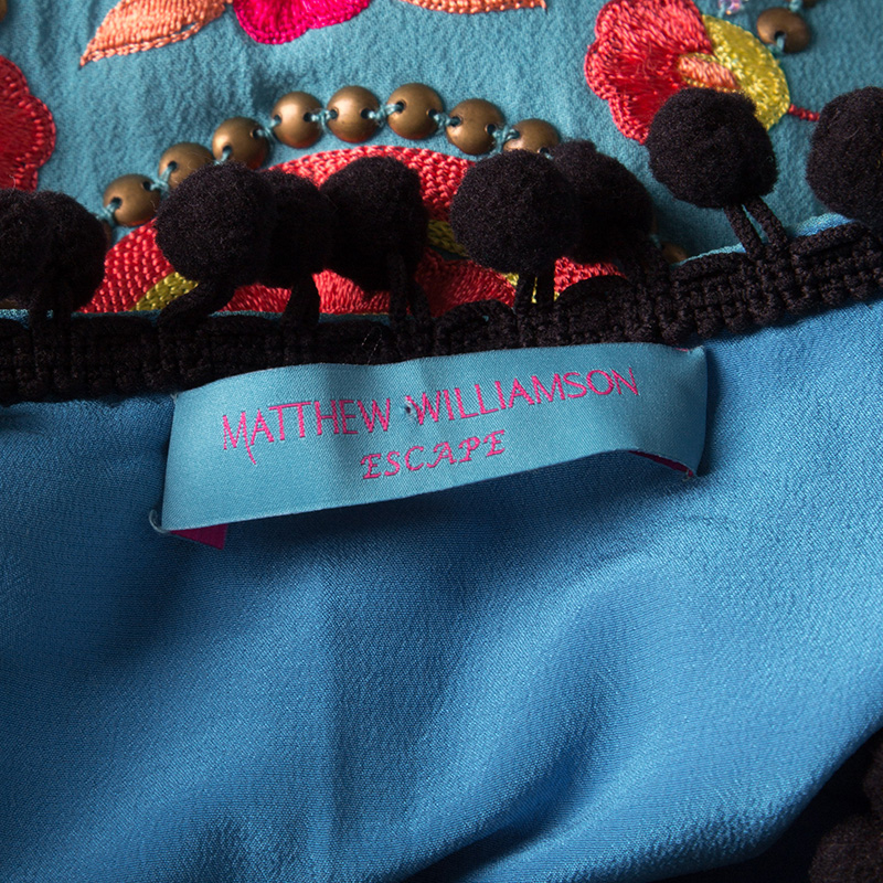 Matthew Williamson Escape Blue Floral Embroidered Silk Pom Pom Trim Sleeveless Dress M