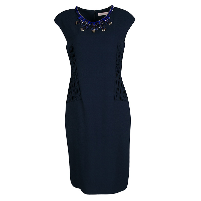 

Matthew Williamson Navy Blue Smocked Waist Detail Embellished Neck Sleeveless Dress