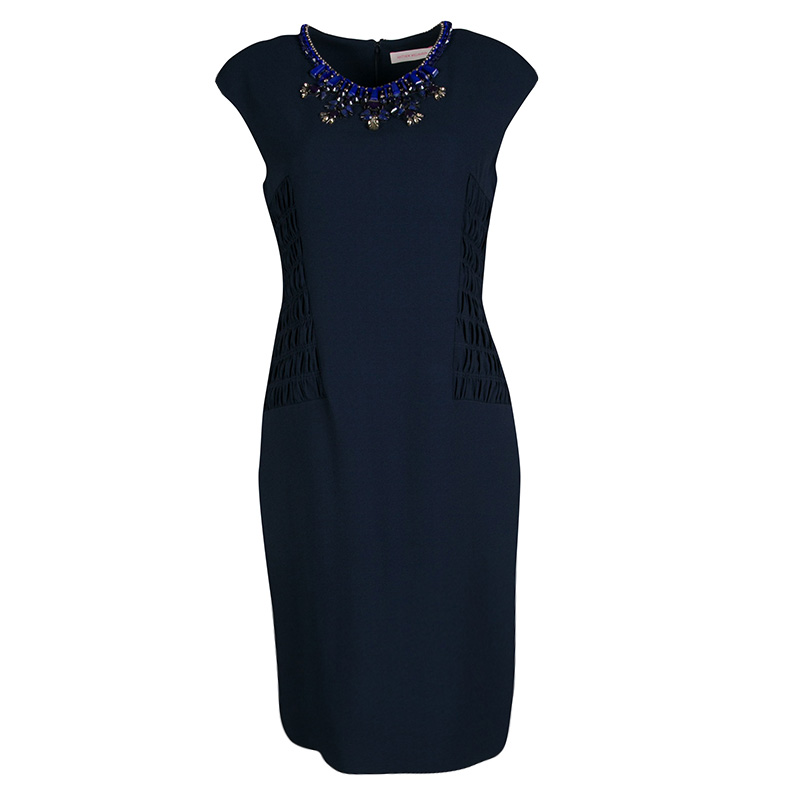 Matthew Williamson Navy Blue Smocked Waist Detail Embellished Neck Sleeveless Dress M