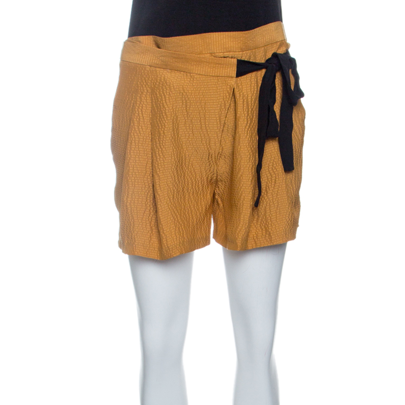 Matthew Williamson Mustard Yellow Textured Tie Detail Faux Wrap Shorts S