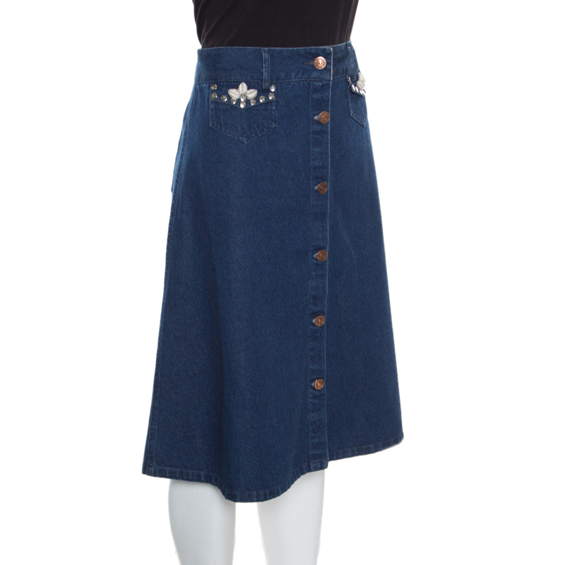 

Matthew Williamson Indigo Pocket Flap Embellished Denim Midi Skirt, Blue