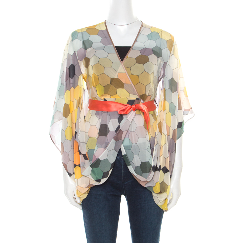 Image of Matthew Williamson Multicolor Honeycomb Printed Silk Wrap Kimono Tunic S