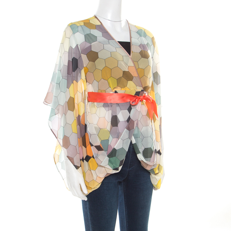 

Matthew Williamson Multicolor Honeycomb Printed Silk Wrap Kimono Tunic