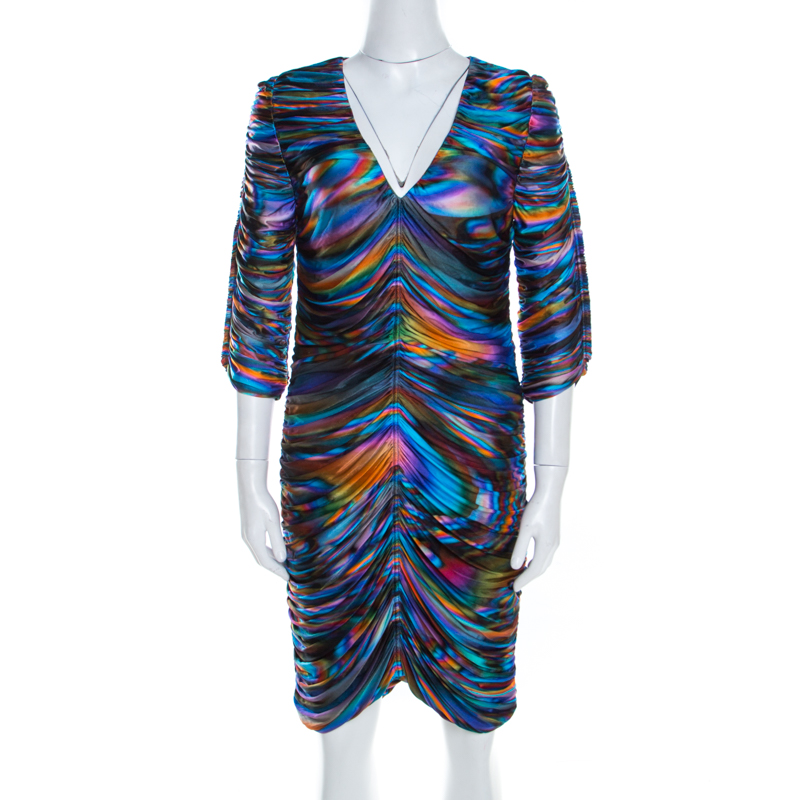 Image of Matthew Williamson Multicolor Printed Ruched Jersey Long Sleeve Dress M