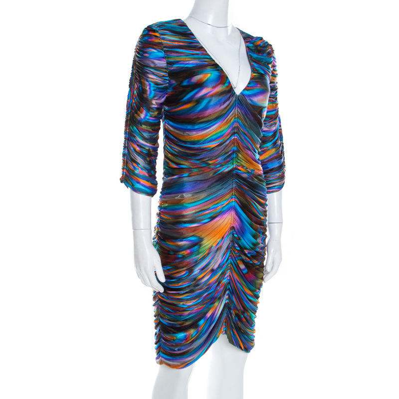 

Matthew Williamson Multicolor Printed Ruched Jersey Long Sleeve Dress