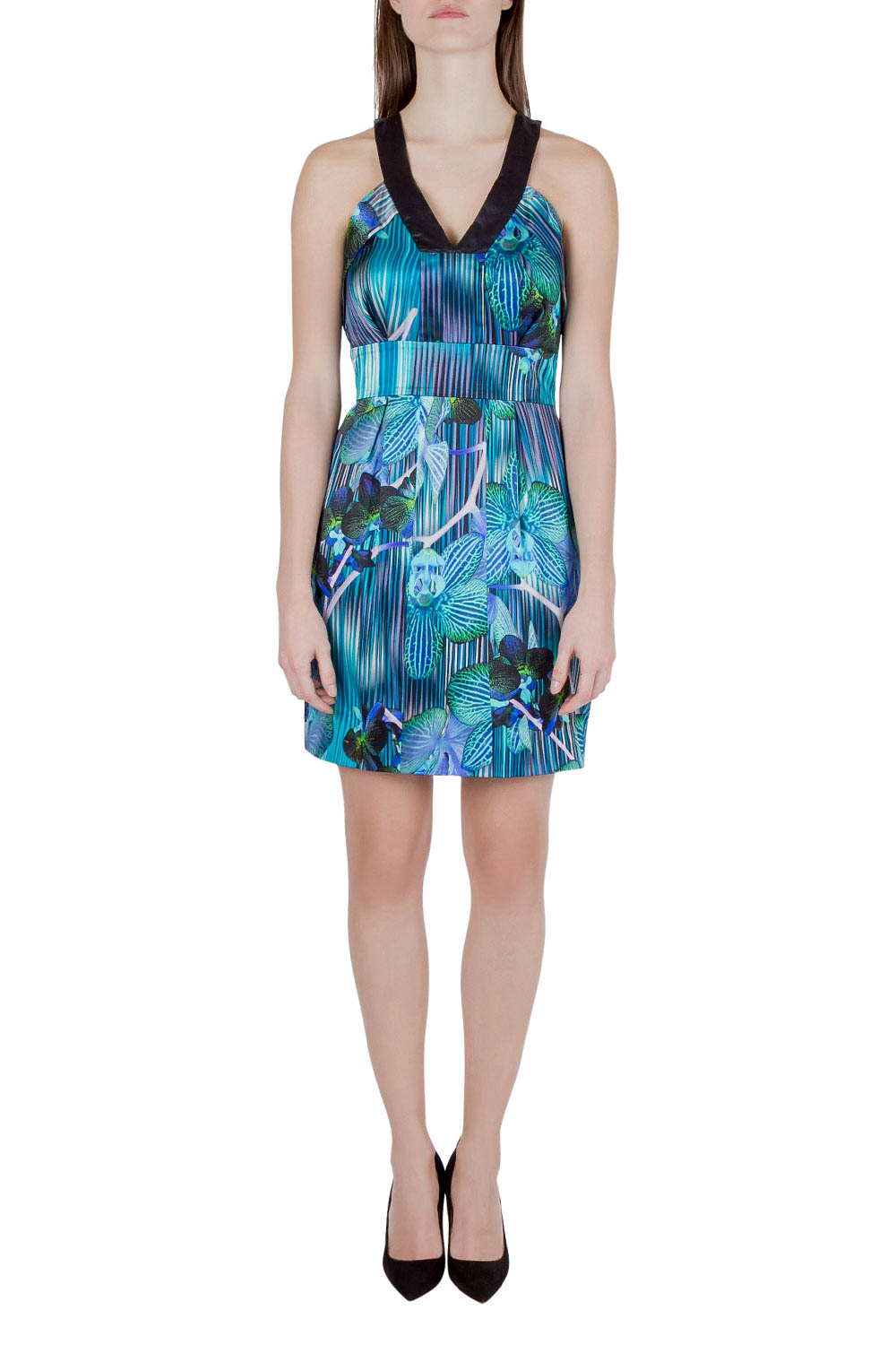 Image of Matthew Williamson Blue Orchid and Stripe Print Silk Sleeveless Dress M