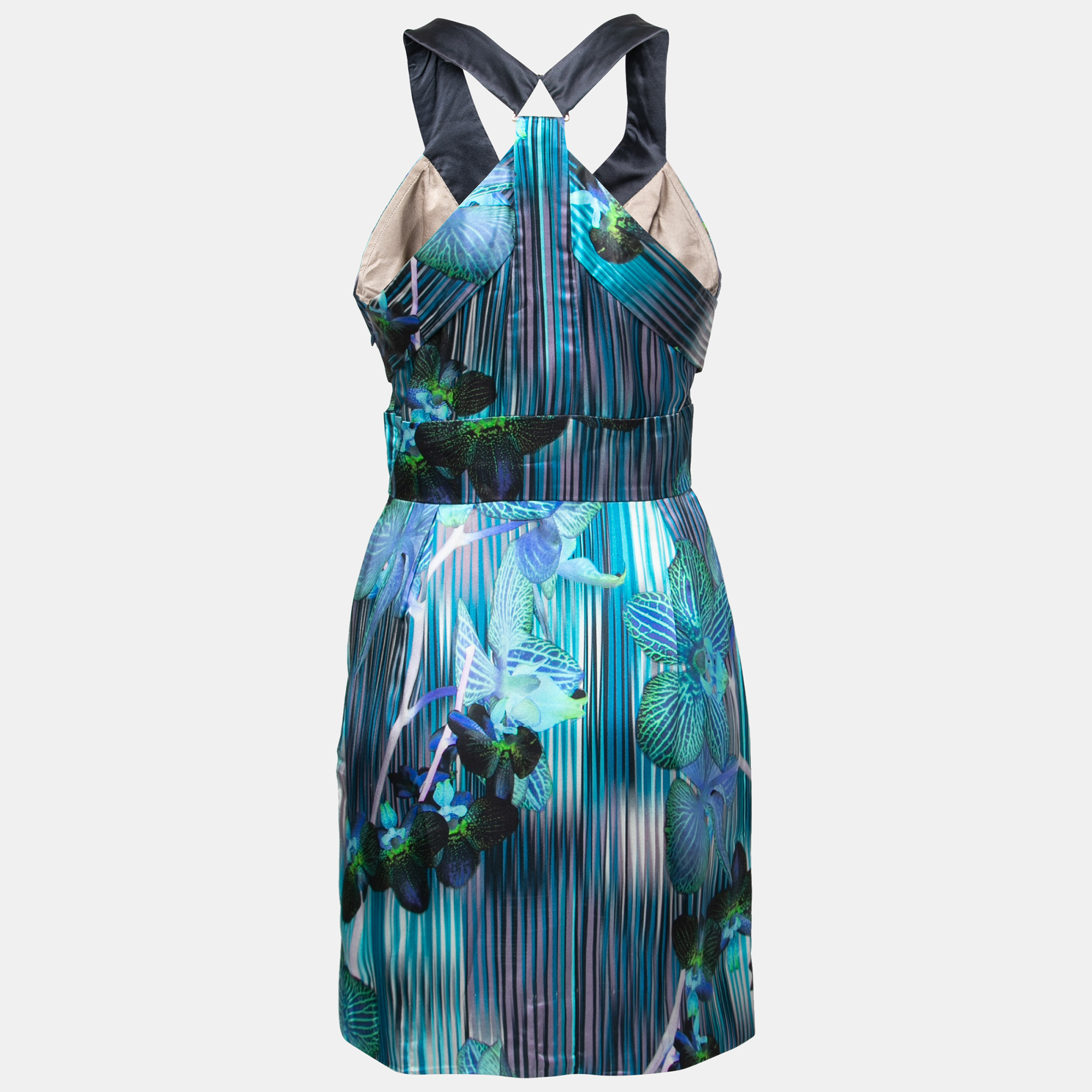 

Matthew Williamson Blue Orchid and Stripe Print Silk Sleeveless Dress