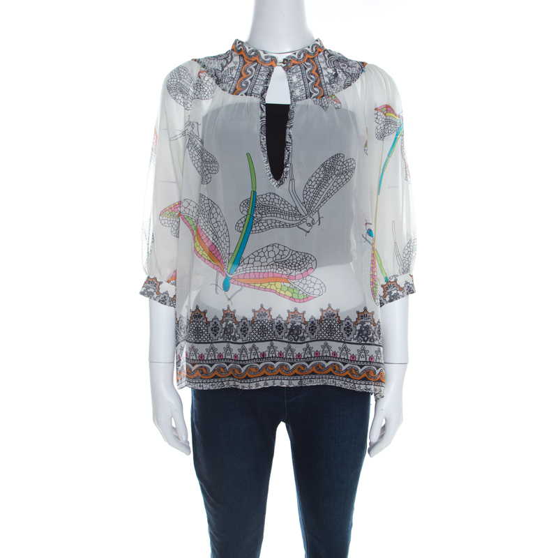 Matthew Williamson Off White Dragonfly Printed Silk Chiffon Sheer Blouse M