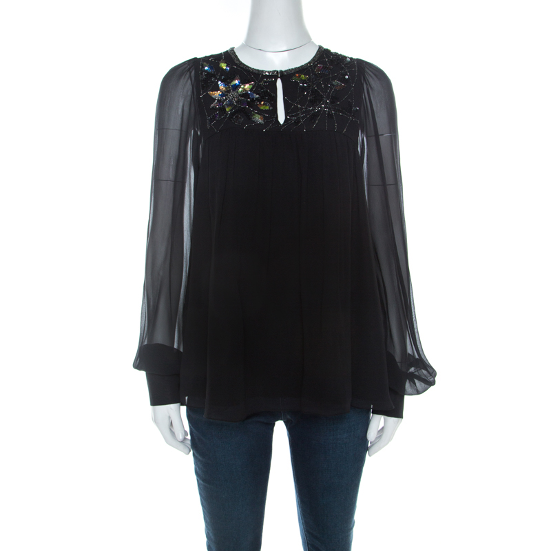 Image of Matthew Williamson Black Silk Sequin Embellished Long Sleeve Top S
