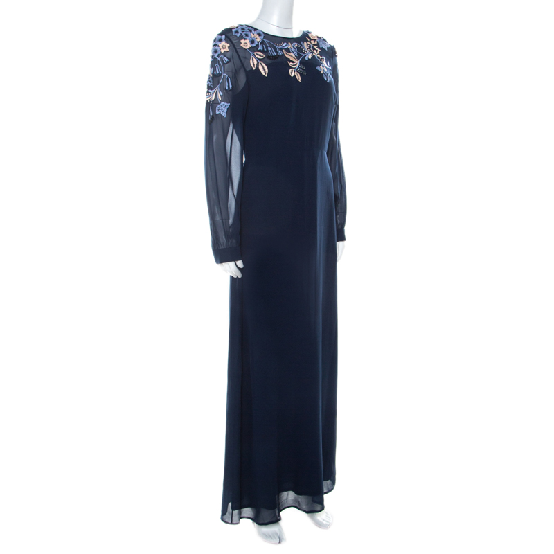 

Matthew Williamson Navy Blue Silk Embellished Floral Applique Maxi Dress