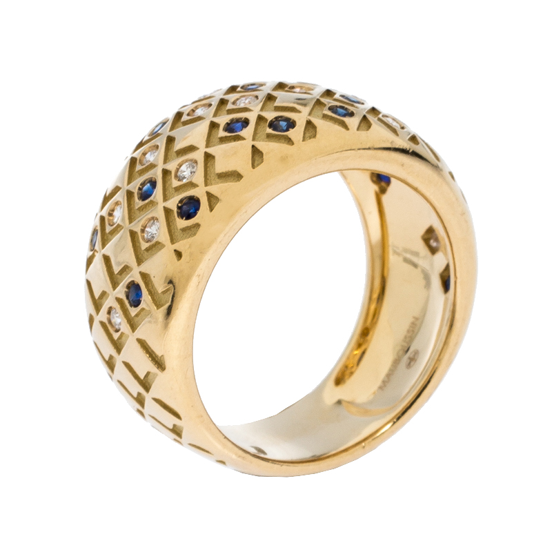 Mauboussin Salomé Paved Diamonds and Sapphires 18K Yellow Gold Ring Size EU 52