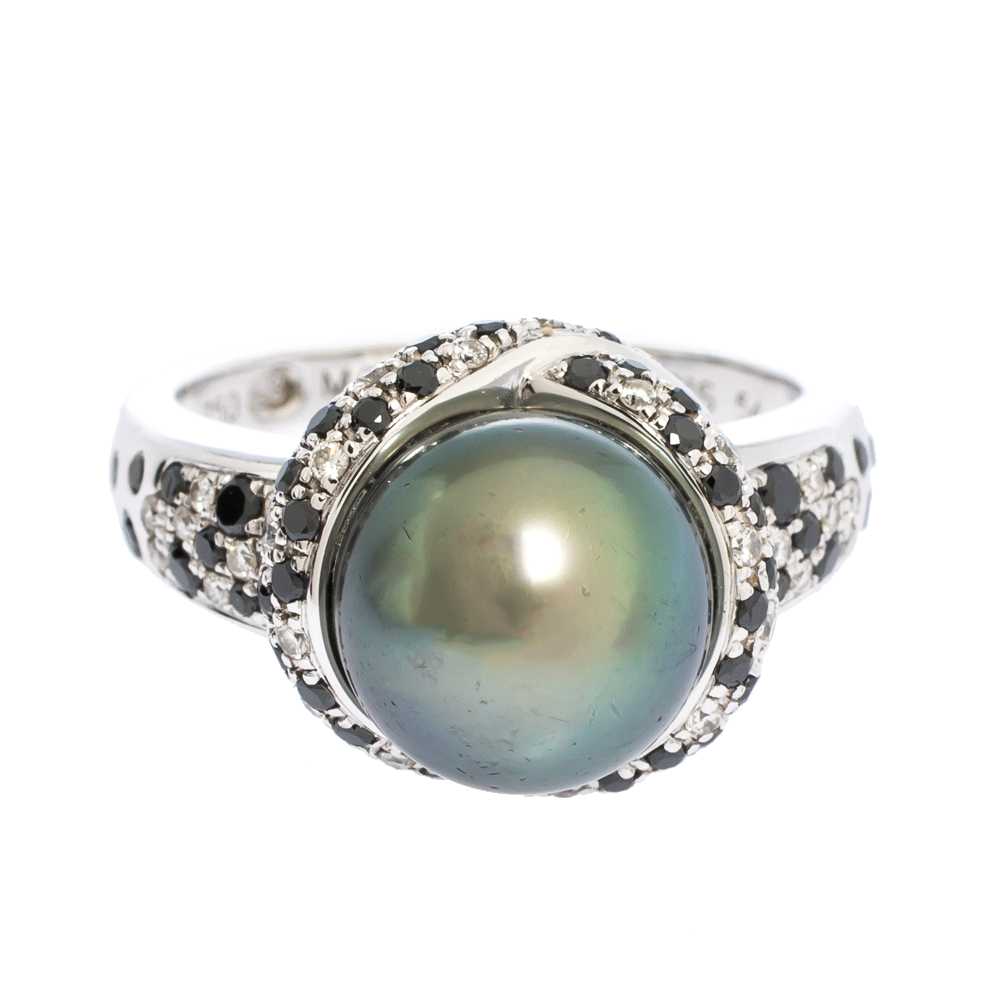 Mauboussin Perle caviar mon Amour Grey Cultured Pearl Diamond 18K White Gold Cocktail Ring Size 54