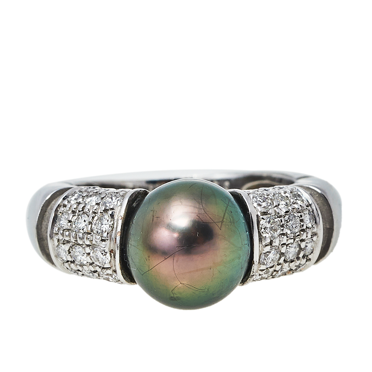 Mauboussin Nadja Cultured Pearl Diamond 18K White Gold Cocktail Ring Size 52