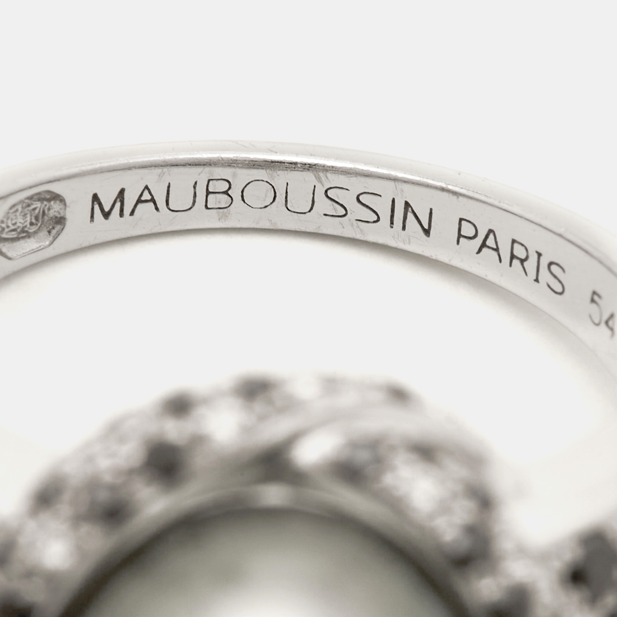 Mauboussin Perle Caviar Mon Amour Cultured Pearl Diamond 18K White Gold Cocktail Ring Size 54
